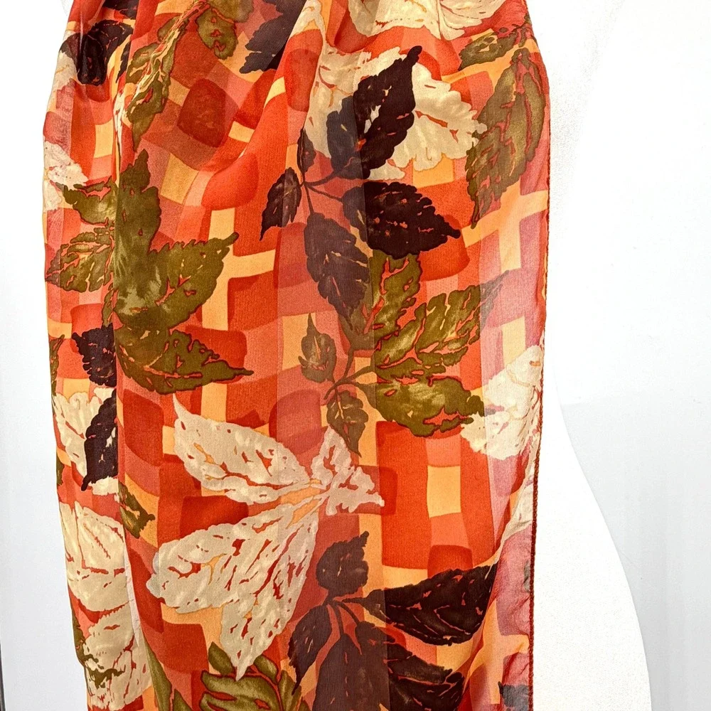 100% Silk Scarf Orange Autumn Leaf Print Cejon Accessories Made in USA 56x10 in